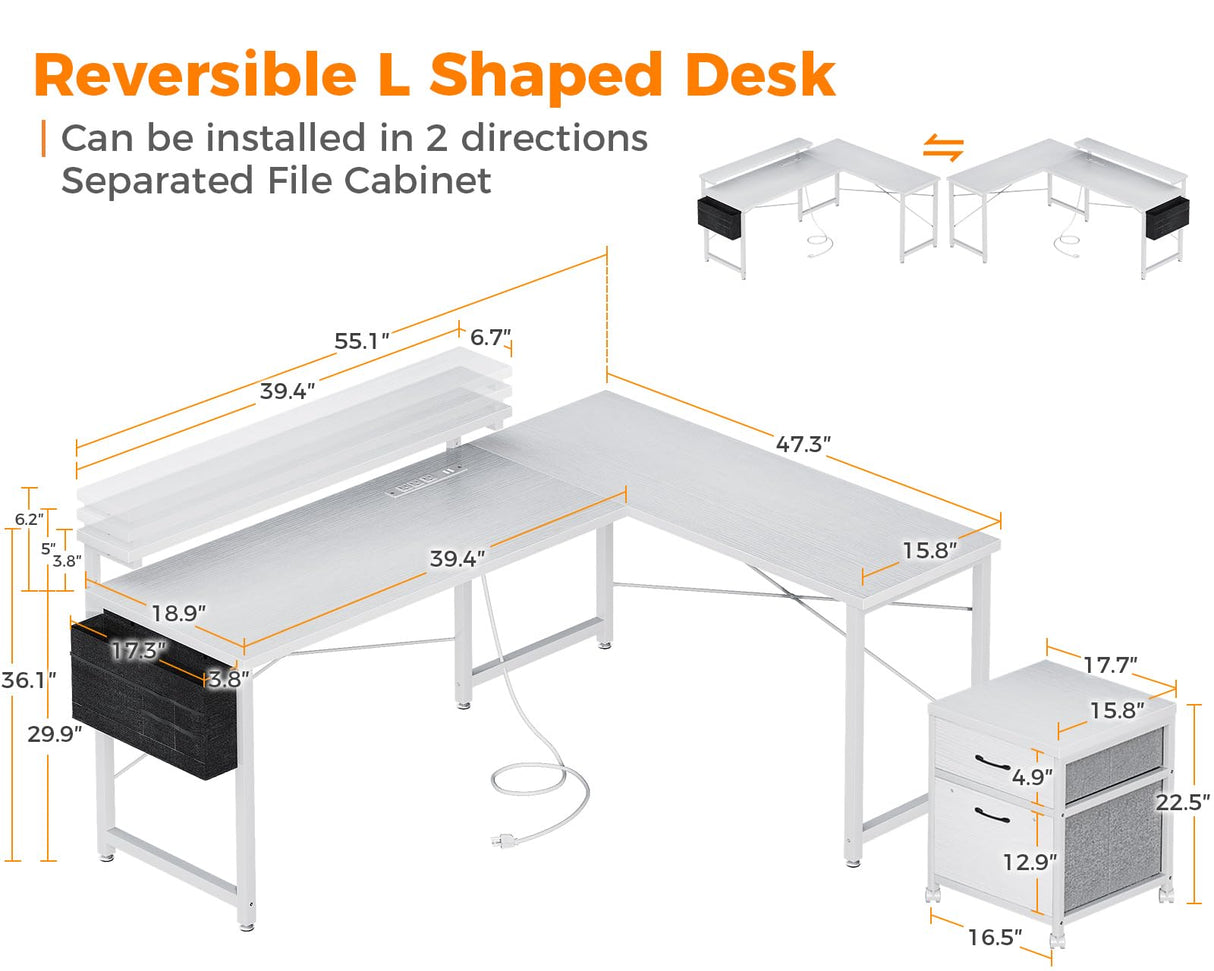 L Shaped Computer Desk, 55" Office Desk with File Cabinet