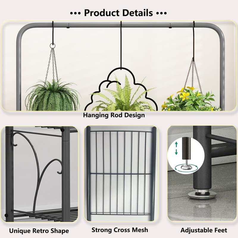 3-Tier Tall Wrought Iron Plant Stand – Indoor & Outdoor Corner Shelf with Hanging Hooks