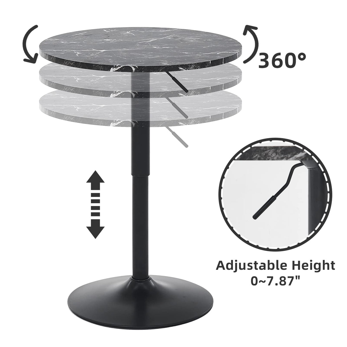 Round Bar Table, Adjustable Table, MDF Top with Black Metal Pole Support