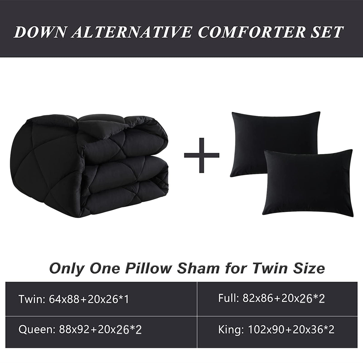 Black Queen Comforter Set with 2 Pillow Shams - 3 Pieces Bed Comforter Set
