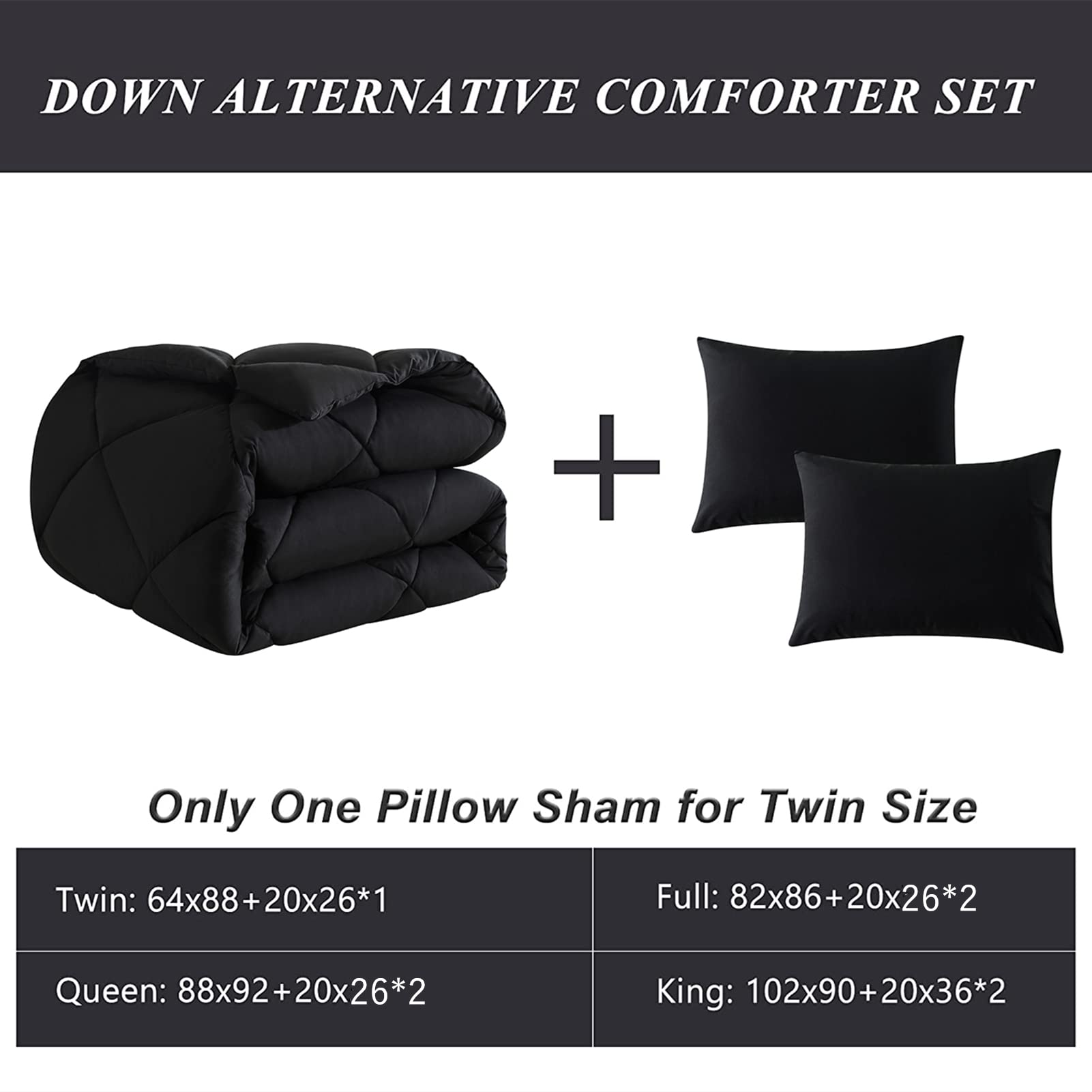Black Queen Comforter Set with 2 Pillow Shams - 3 Pieces Bed Comforter Set