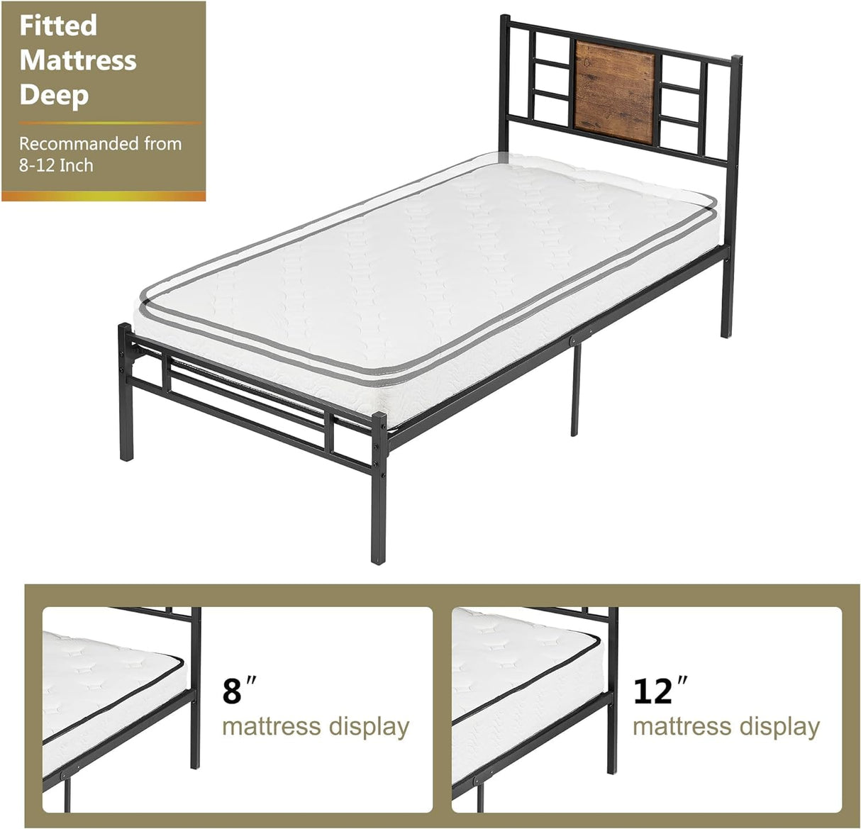 Twin Size Bed Frame with Headboard, Heavy-Duty Platform with Steel Slats Support