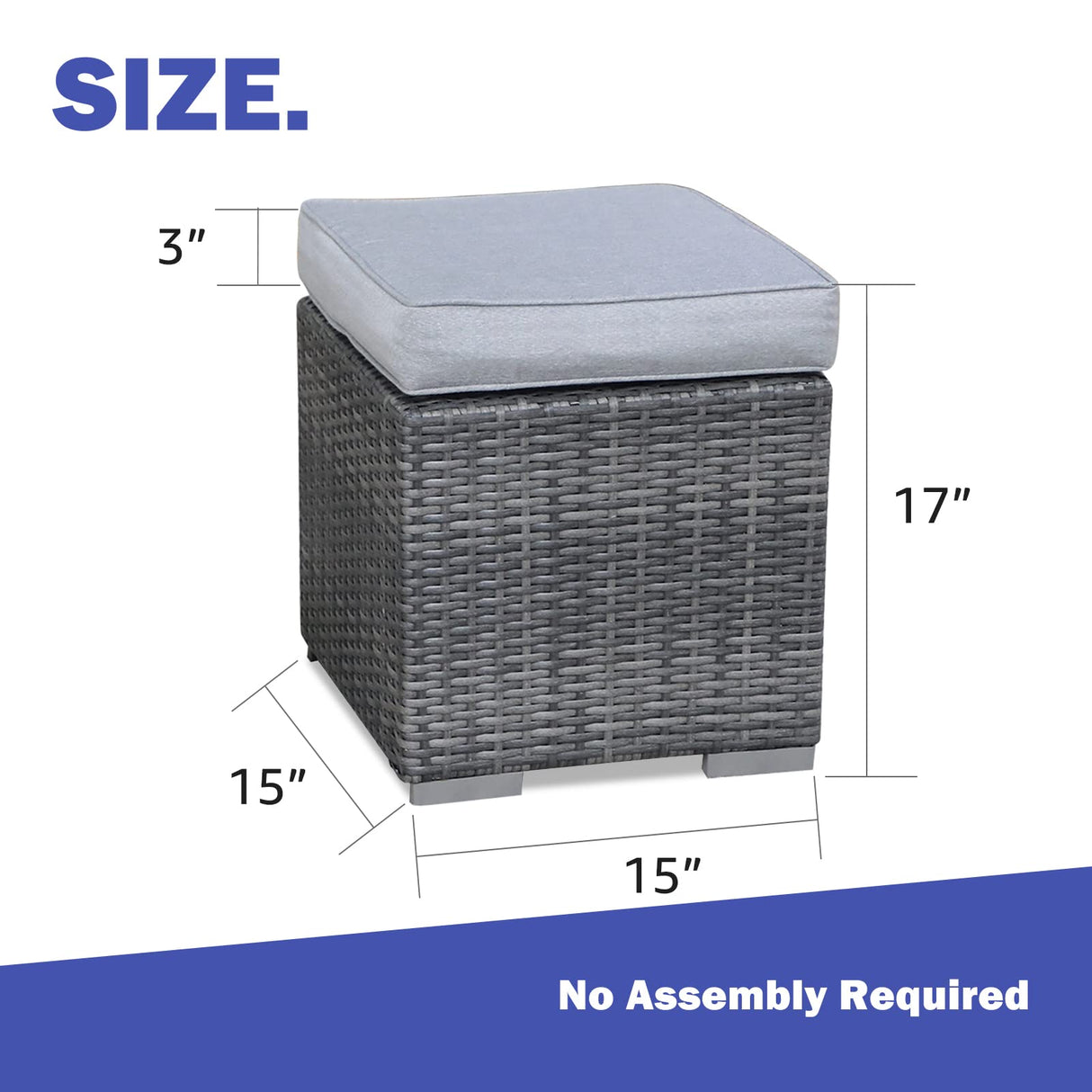 2 Pieces Assembled Ottoman, Indoor All-Weather Grey Wicker Rattan