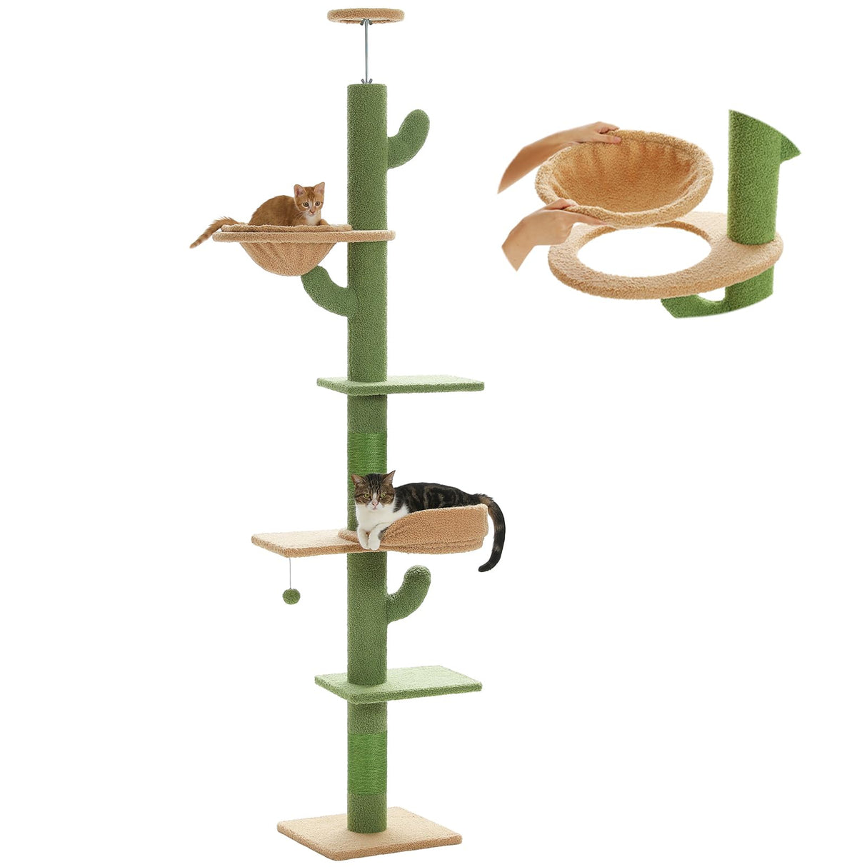 Floor to Ceiling Cat Tree Height Adjustable, 5 Levels Cactus Cat Tower