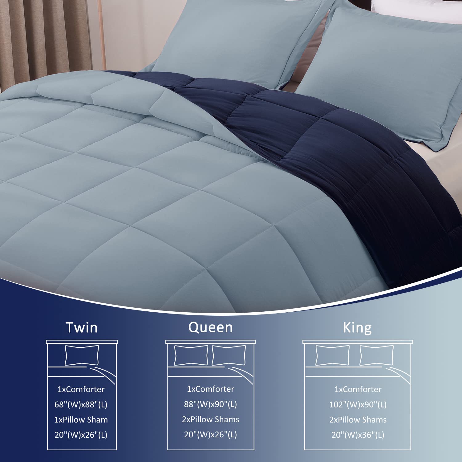 Queen Size Comforter Set - Reversible Washed Microfiber Navy and Blue Comforter