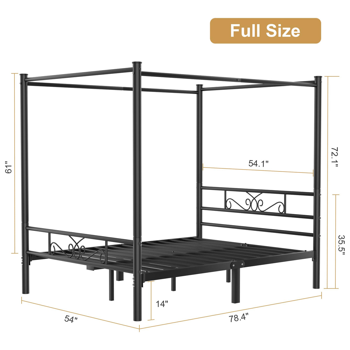 Metal Canopy Bed Frame Full Size, Four-Poster Canopied Platform Bed with Headboard