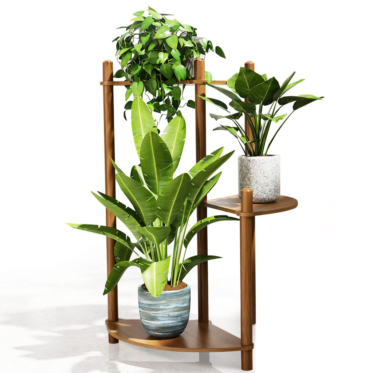 Enisudo 3-Tier Bamboo Plant Stand, Natural Rattan & Walnut Finish