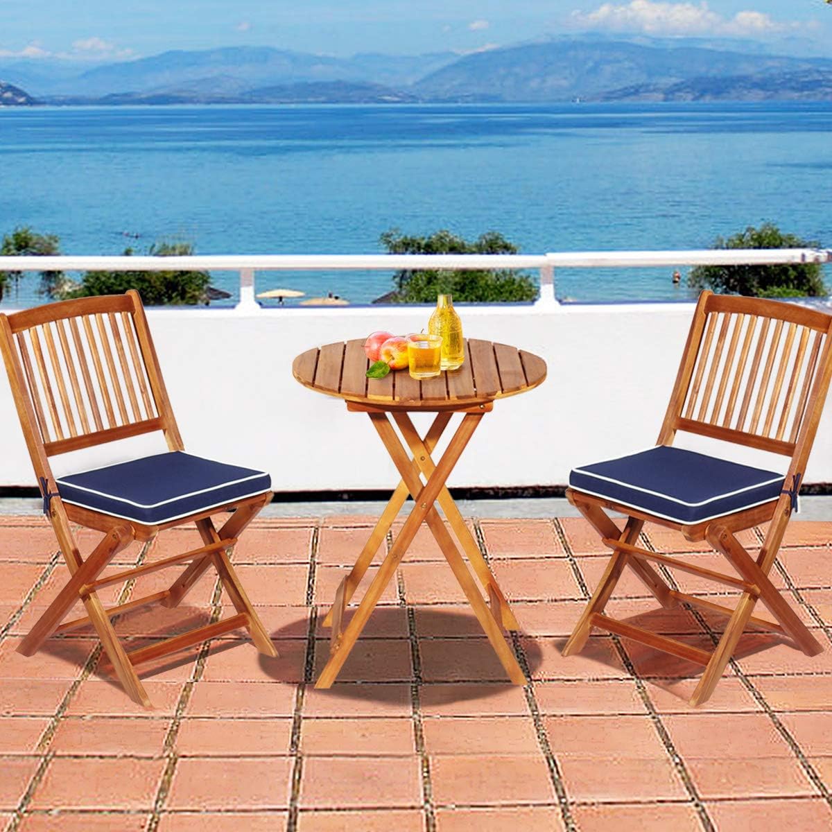 3Pcs Patio Bistro Set, Wood Folding Table Set, 2 Cushioned Chairs