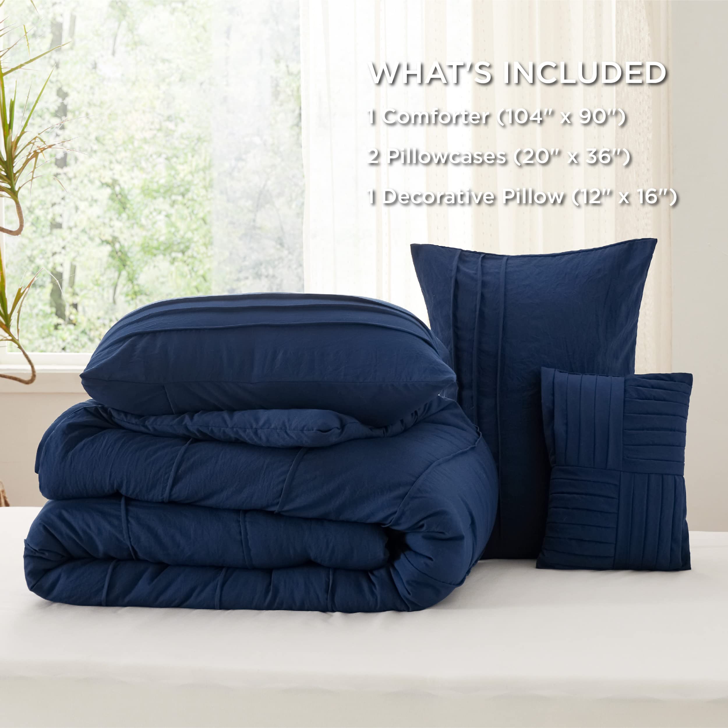 Navy Blue King Size Comforter Set - 4 Pieces Pinch Pleat Bed Set, Down Alternative