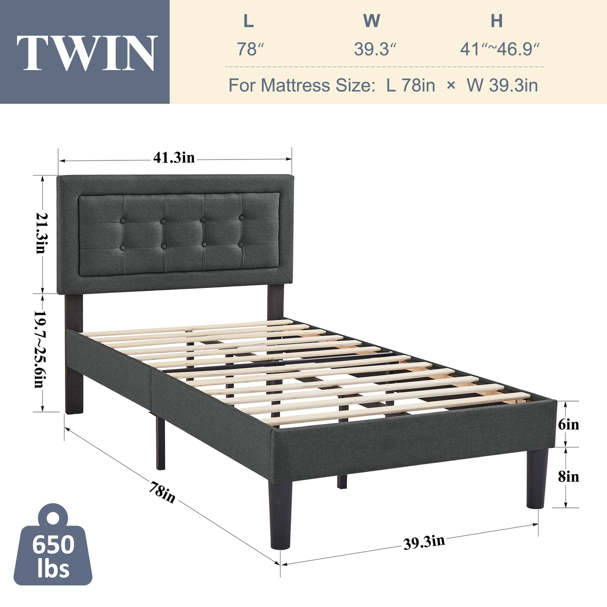 Twin Size Upholstered Bed Frame with Height