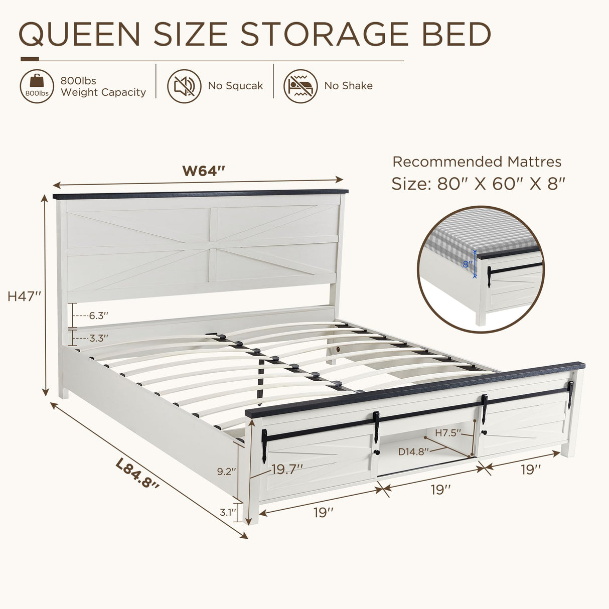 Farmhouse Wood Bed Frame Queen Size with Sliding Barn