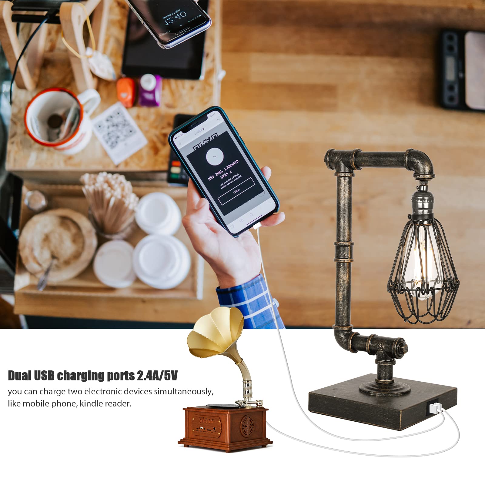 Steampunk Table Lamp, Industrial Desk Lamp with USB Ports