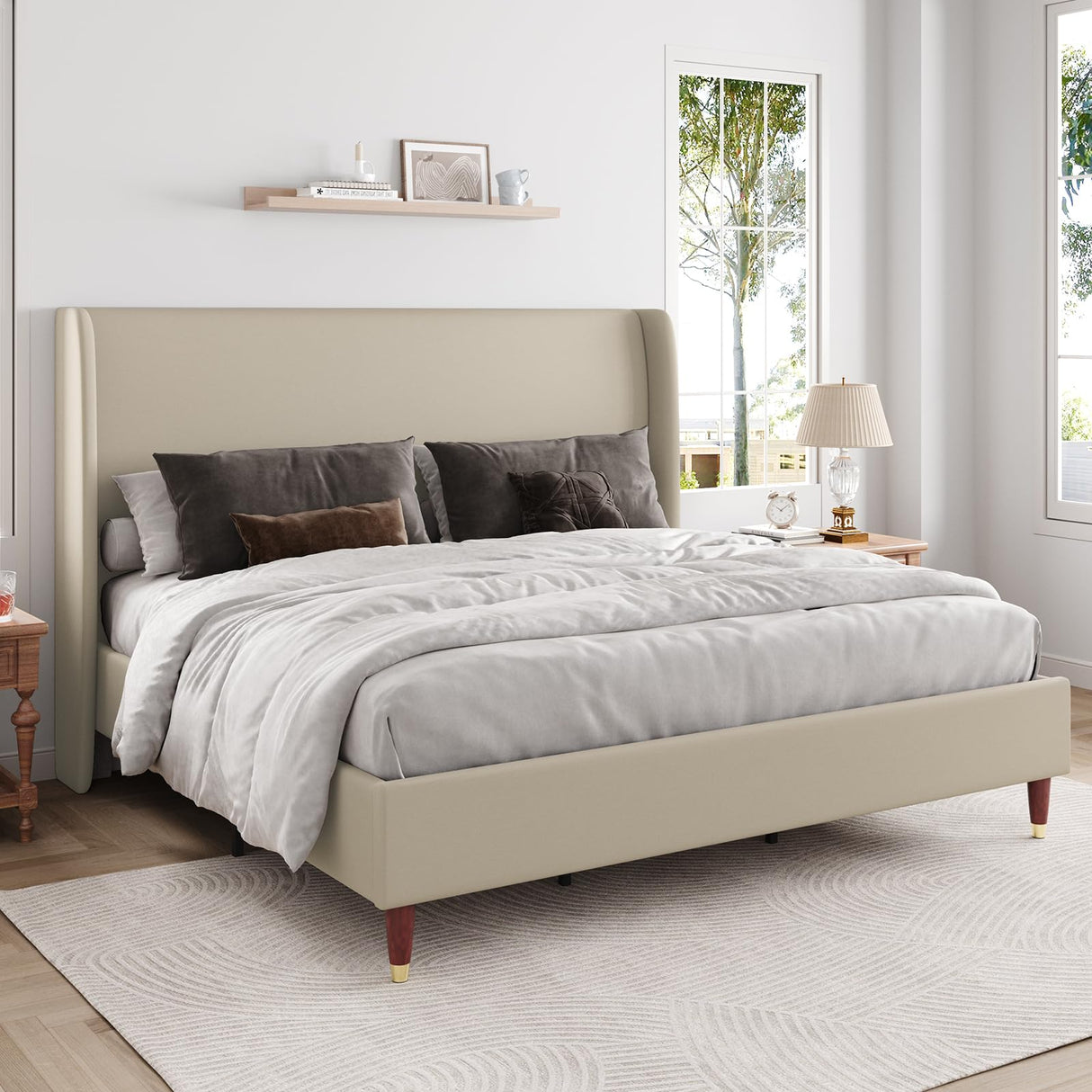 Queen Bed Frame Upholstered Bed 51.2" High Platform Bed