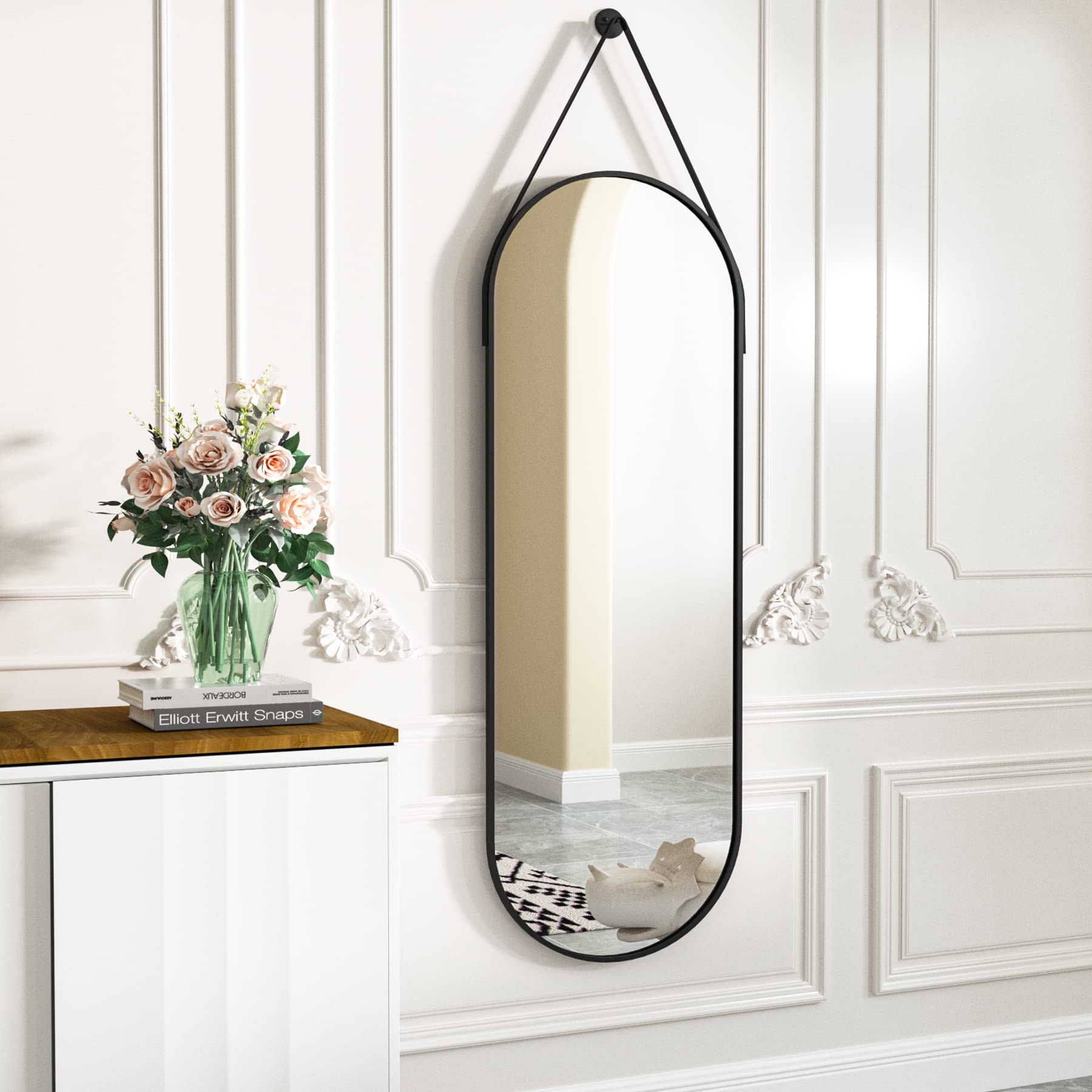 16"x48" Oval Hanging Mirror with Leather Strap Full Length Mirror Aluminum Frame Wall-Mounted Hanging Mirrors for Bathroom Vanity Living Room Bedroom Entryway Decor