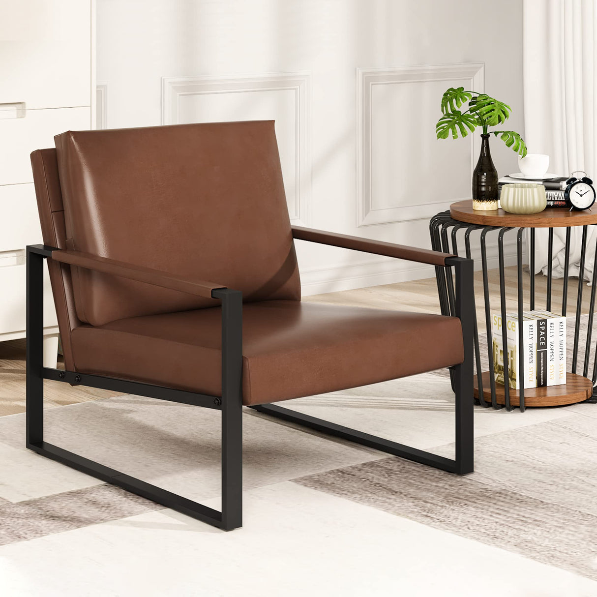 Modern PU Leather Accent Chair Arm Chair with Extra-Thick Padded Backrest