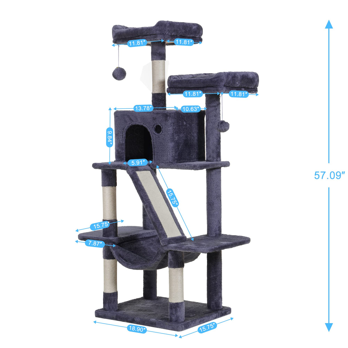 Cat Tree, 57" Cat Tower with Scratching Posts
