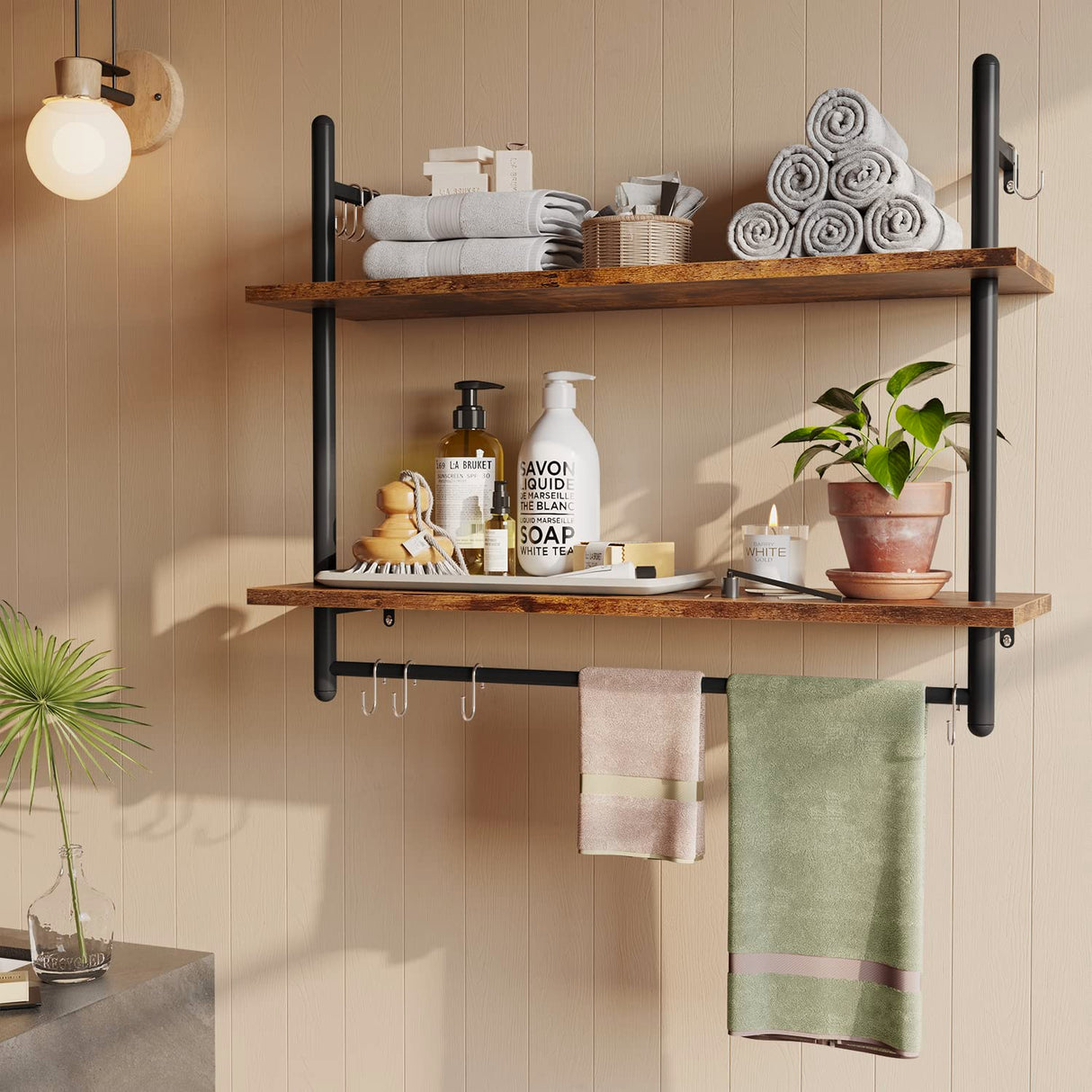 Pipe Shelf Industrial Floating Shelving Kitchen Wall-Mounted Shelf with Towel Bar Hooks