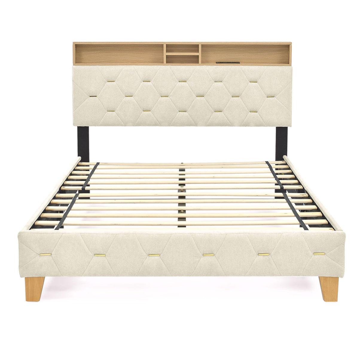 Queen Bed Frame with Storage Shelves & USB Charging Ports Headboard