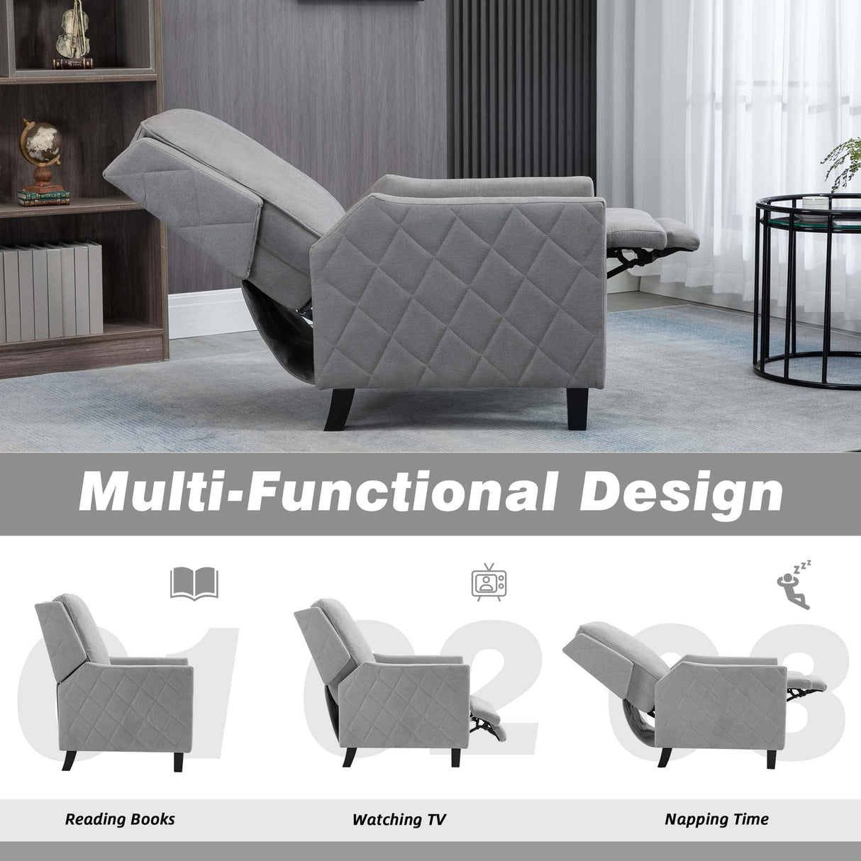 CloudEase Push-Back Recliner Chair Tufted Armchair with Pop-Up Footrest