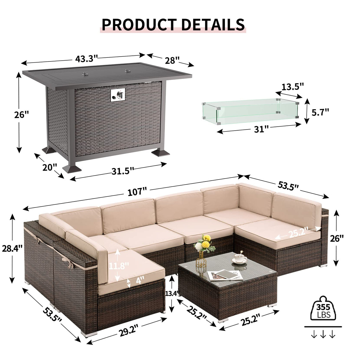 Gas Fire Pit Table, Outdoor Patio Furniture Sofa Sectional