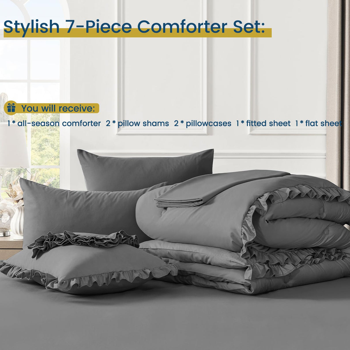 Queen Bed in a Bag 7 Pieces Comforter Set Queen, Ruffle Bedding Comforter Set Dark