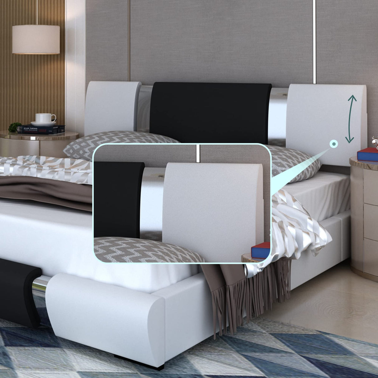 King Size Bed Frame with with Adjustable Headboard, Modern Low Profile Platform Bed