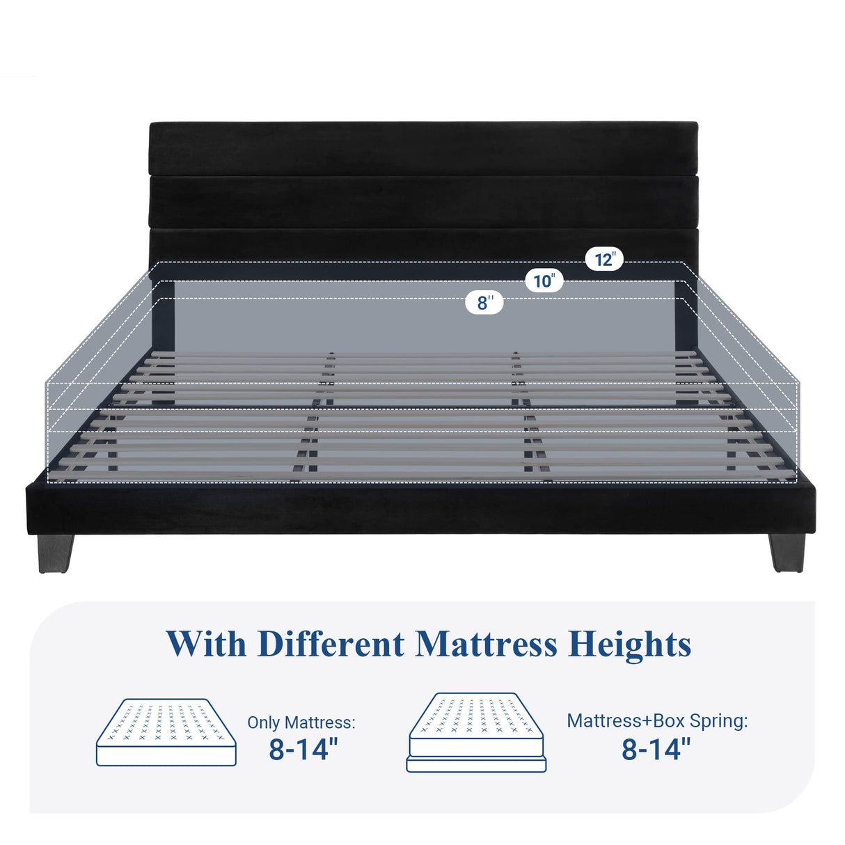 King Size Platform Bed Frame with Velvet Upholstered Headboard