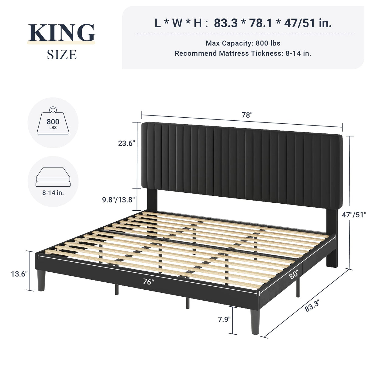 King Bed Frame, Velvet Upholstered Platform Bed