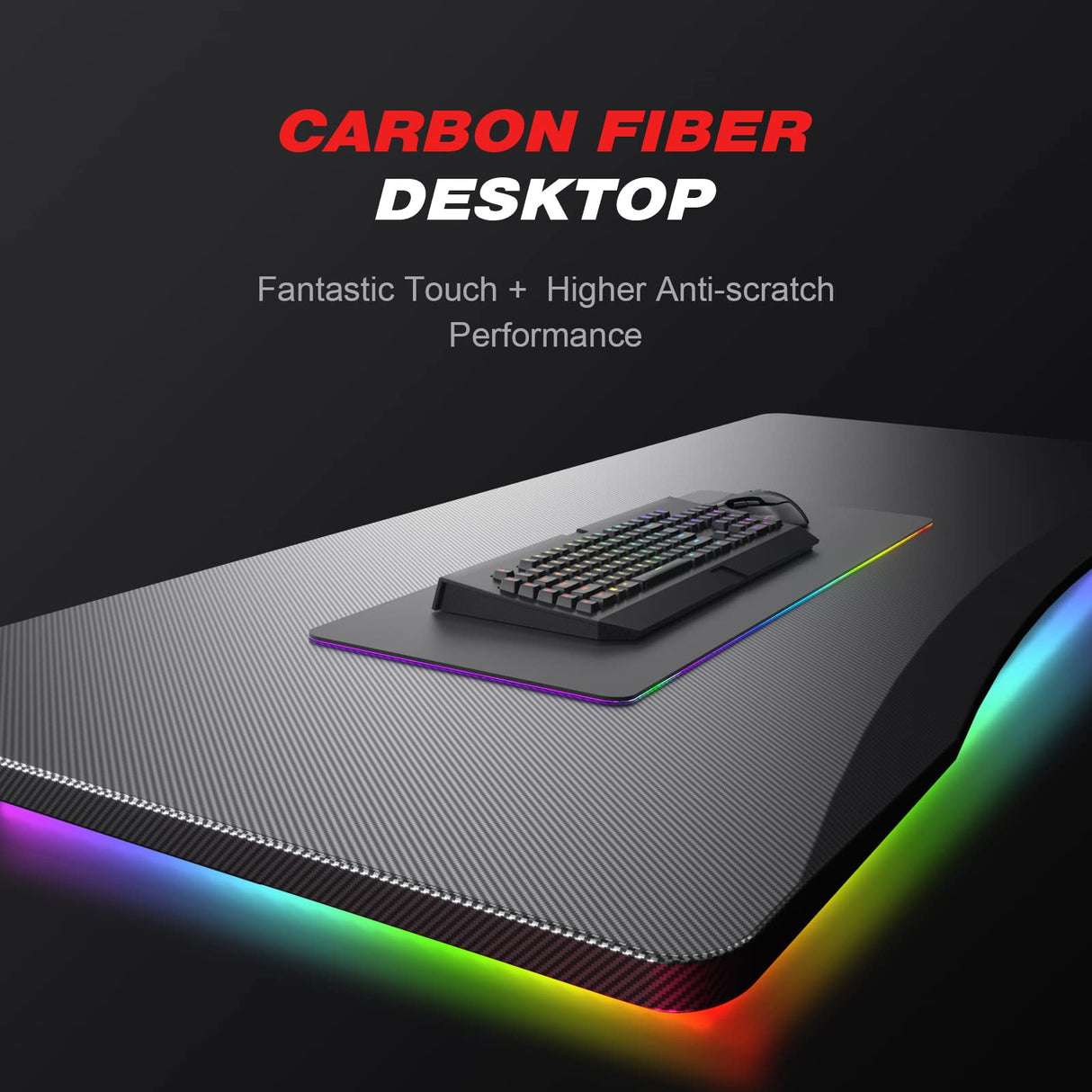 Gaming Desk with Led Strip Lights, 44 Inch Ergonomic Z-Shaped Carbon Fiber