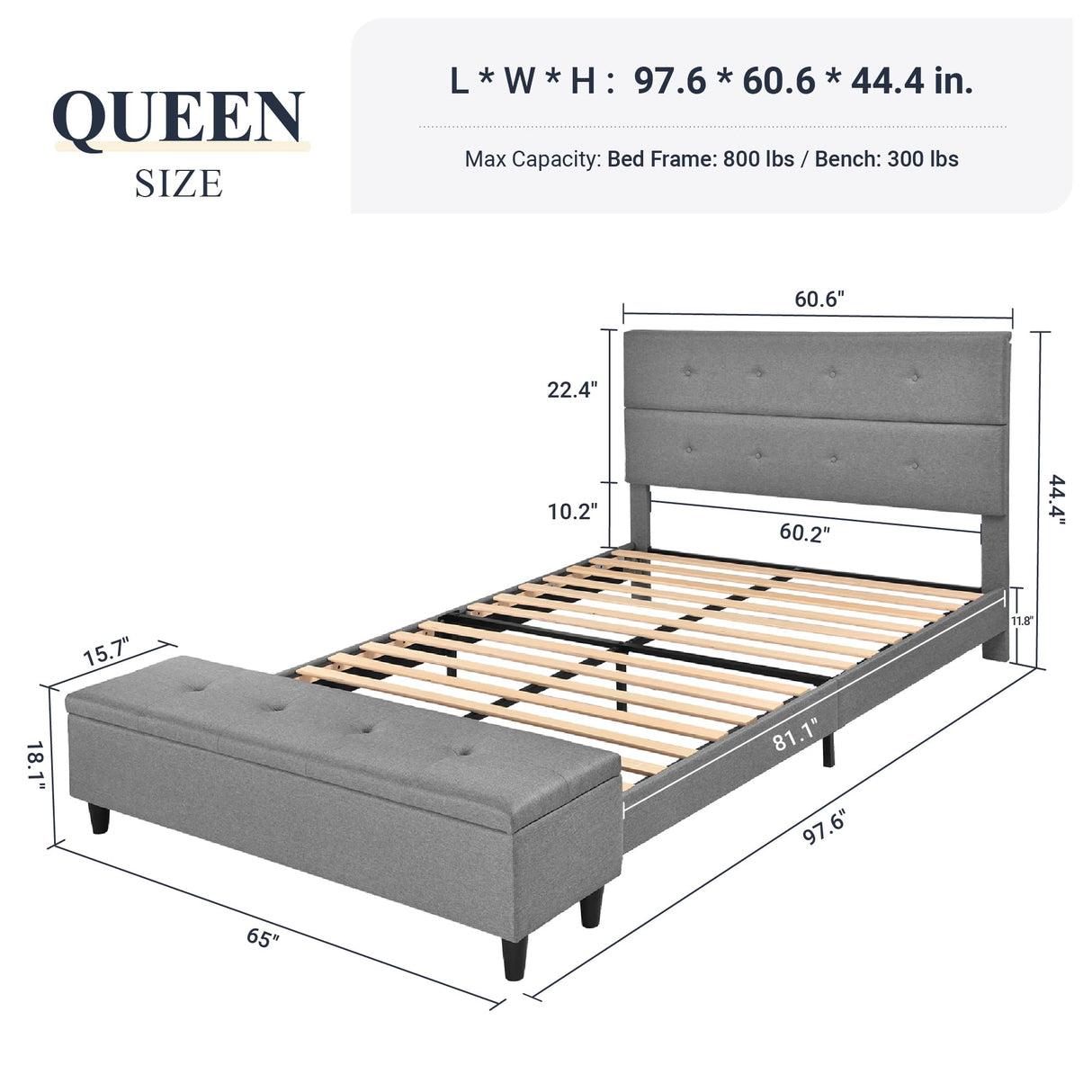Queen Bed Frame with 120L Ottoman Storage, Upholstered Platform Bed Frame