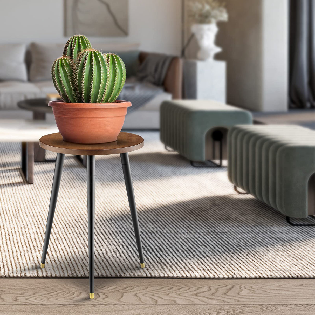 KINNARY Adjustable Walnut Metal Plant Stand – 16” Elegant Indoor & Outdoor