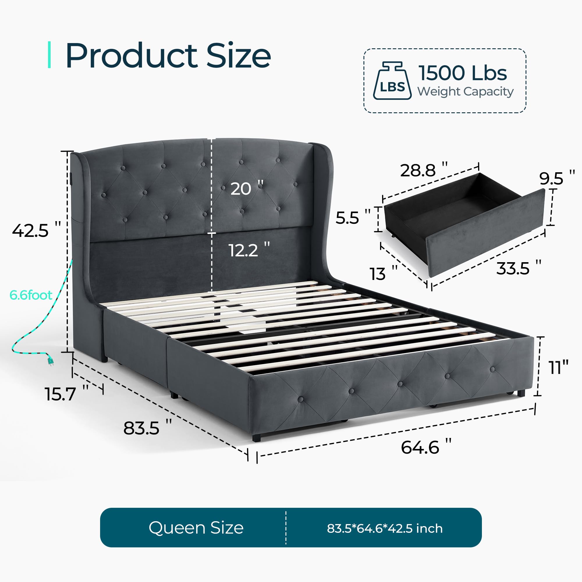 LumeRest LED Bed – Upholstered Platform with Storage Drawers & RGB Lights