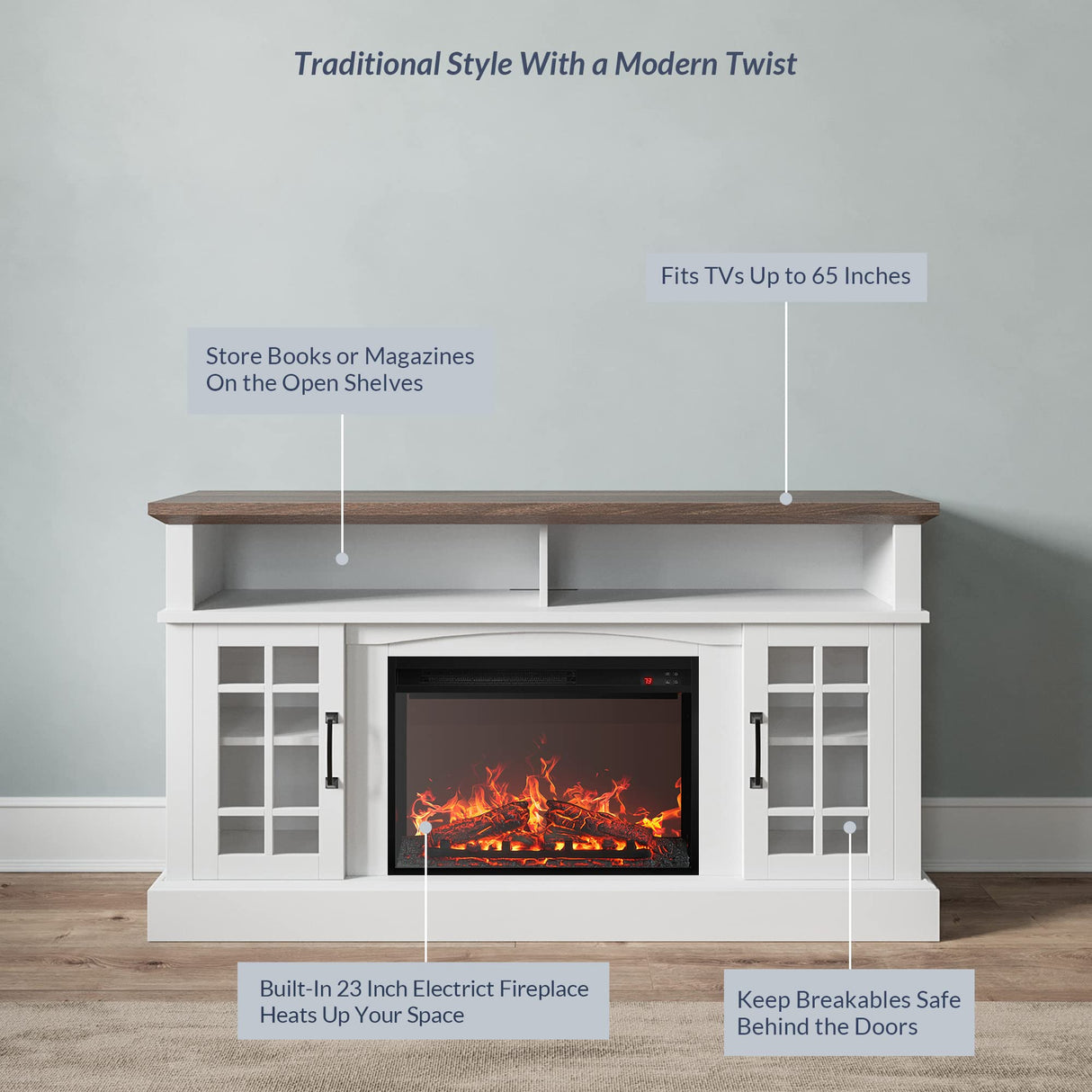 Traditional 58" Rustic TV Stand with 23" Electric Fireplace Heater