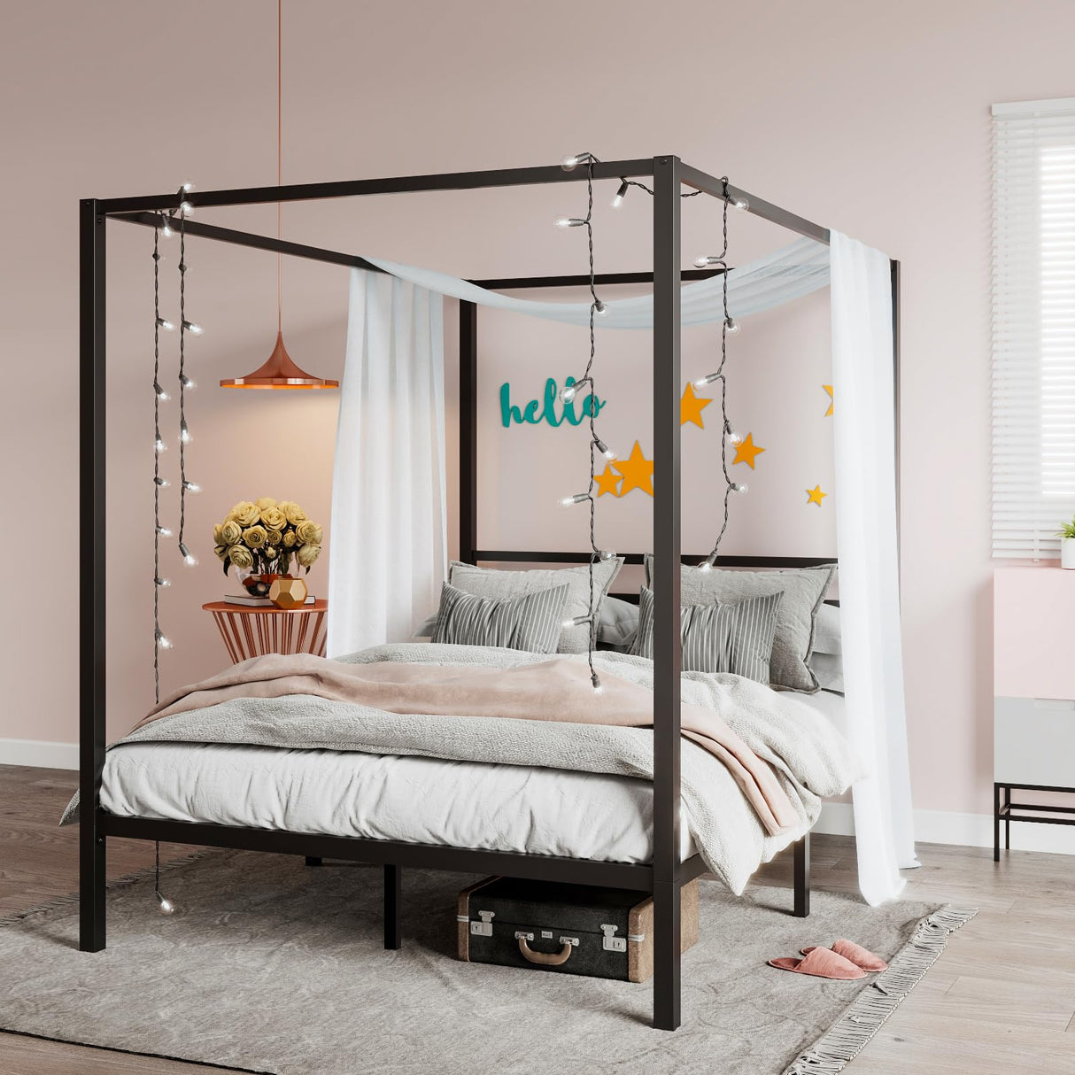 Metal Canopy Bed Frame Queen Size/Mattress Foundation with Metal Slats