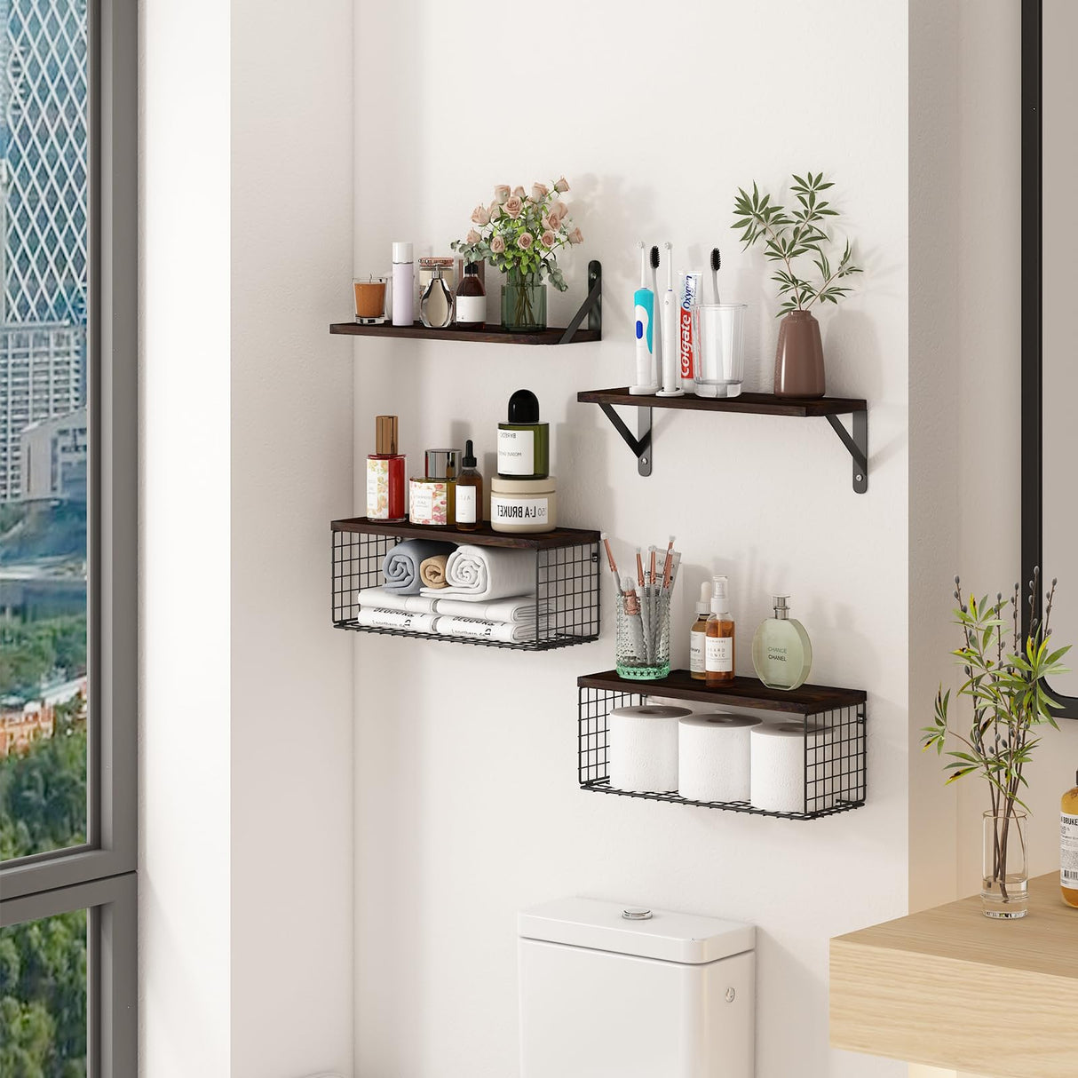 Wall Floating Shelves, Wall Mounted Shelf Set of 4, with Metal Baskets, Rustic DƩcor Style