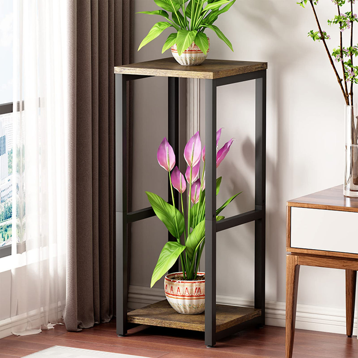 FloraFrame Duo – Sleek 2 Tier Metal & Wood Plant Stand