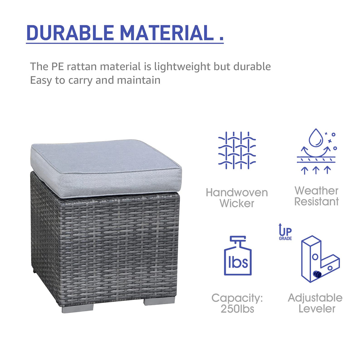 2 Pieces Assembled Ottoman, Indoor All-Weather Grey Wicker Rattan