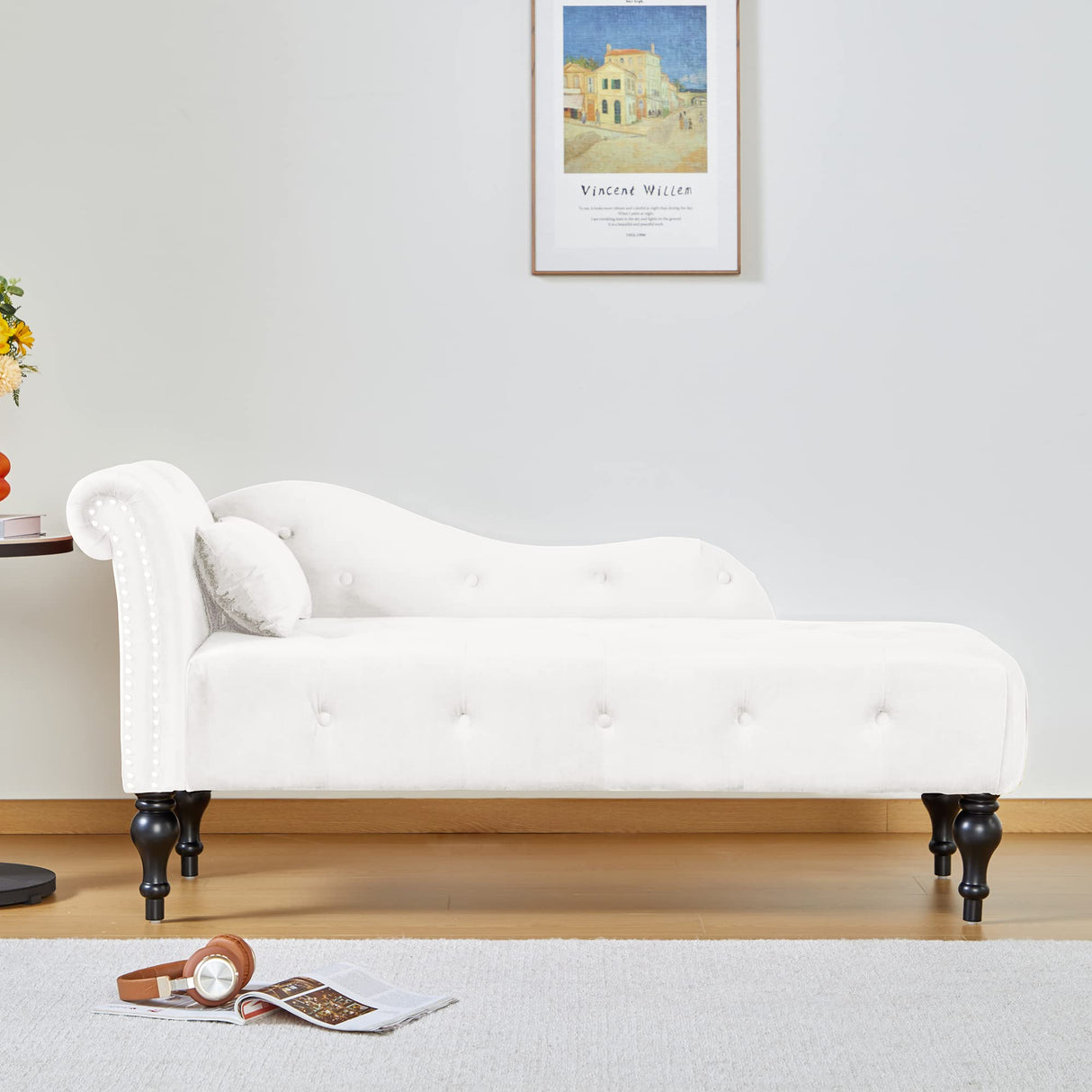 Tufted Upholstered Velvet Rolled Arm Chaise Lounges Indoor Chair