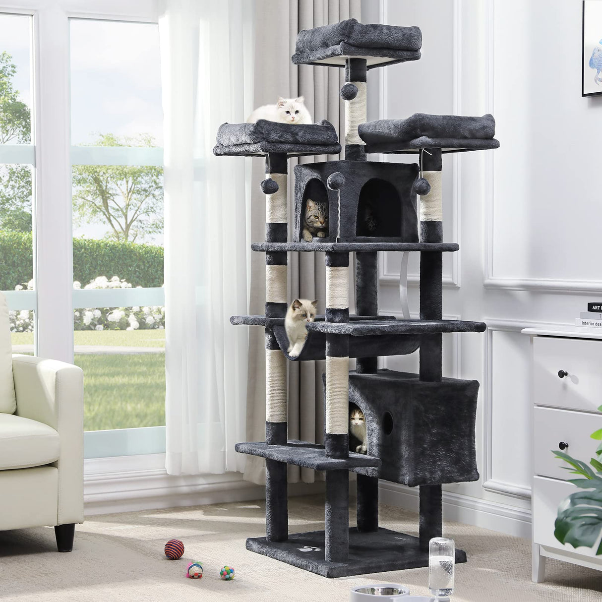 67" Large Cat Tree, Multi-Level Cat Tower with 3 Top Perches, 2 High Plush Condos
