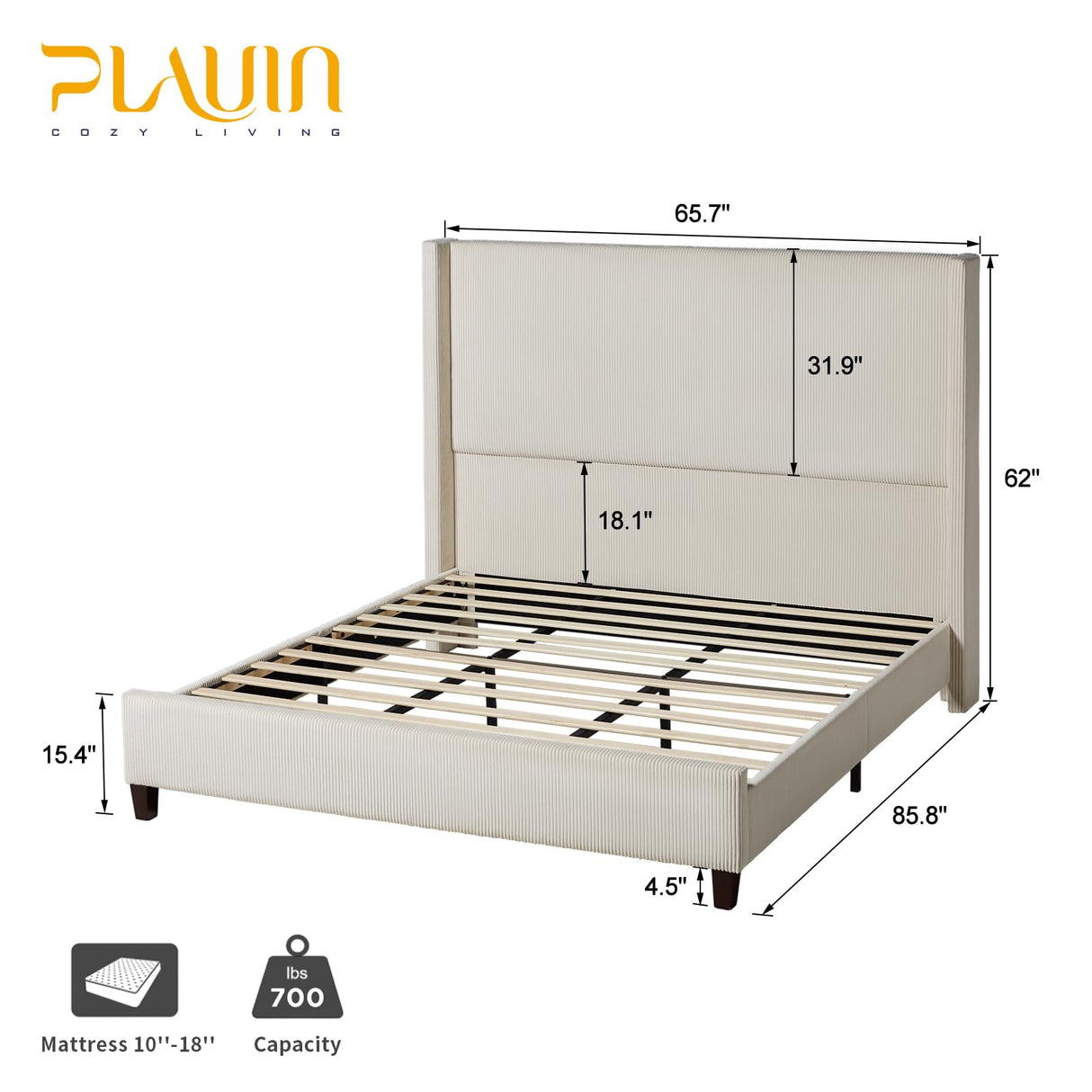 62" Headboard Corduroy Upholstered Bed/Wingback