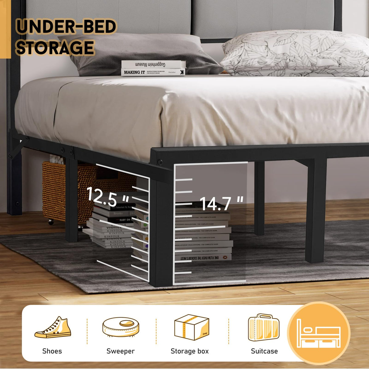 Upholstered Bed Frame Queen Size with Headboard(Deluxe PU Leather