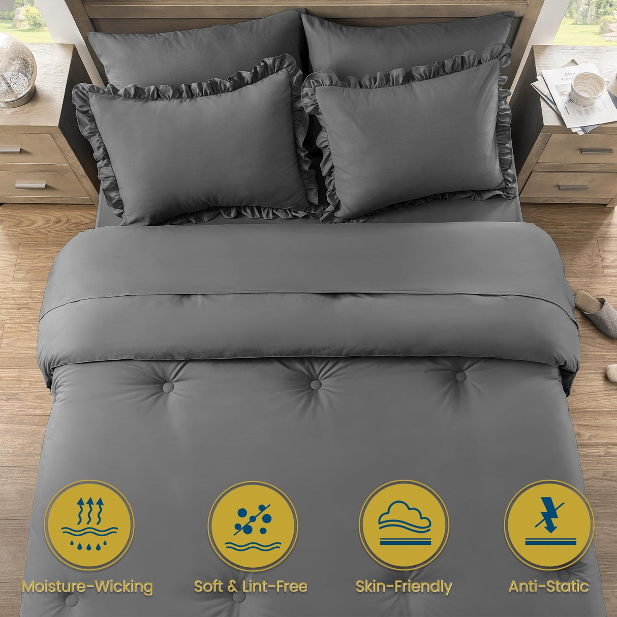 Queen Bed in a Bag 7 Pieces Comforter Set Queen, Ruffle Bedding Comforter Set Dark