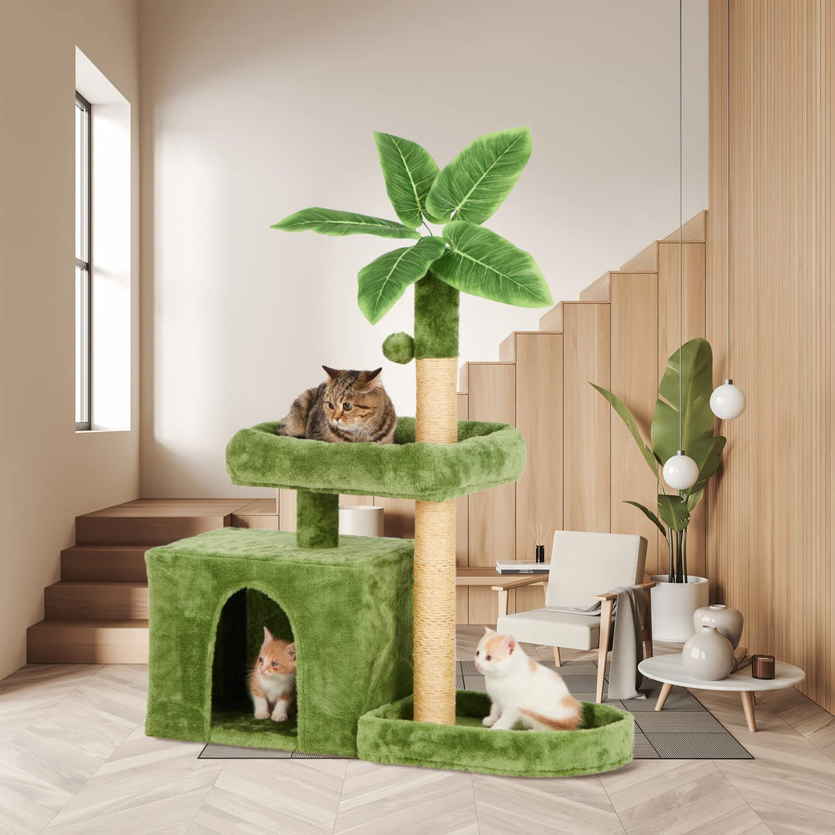 31.5" Cat Tree/Tower for Indoor Cats with Green Leaves, Cat Condo Cozy Plush Cat House