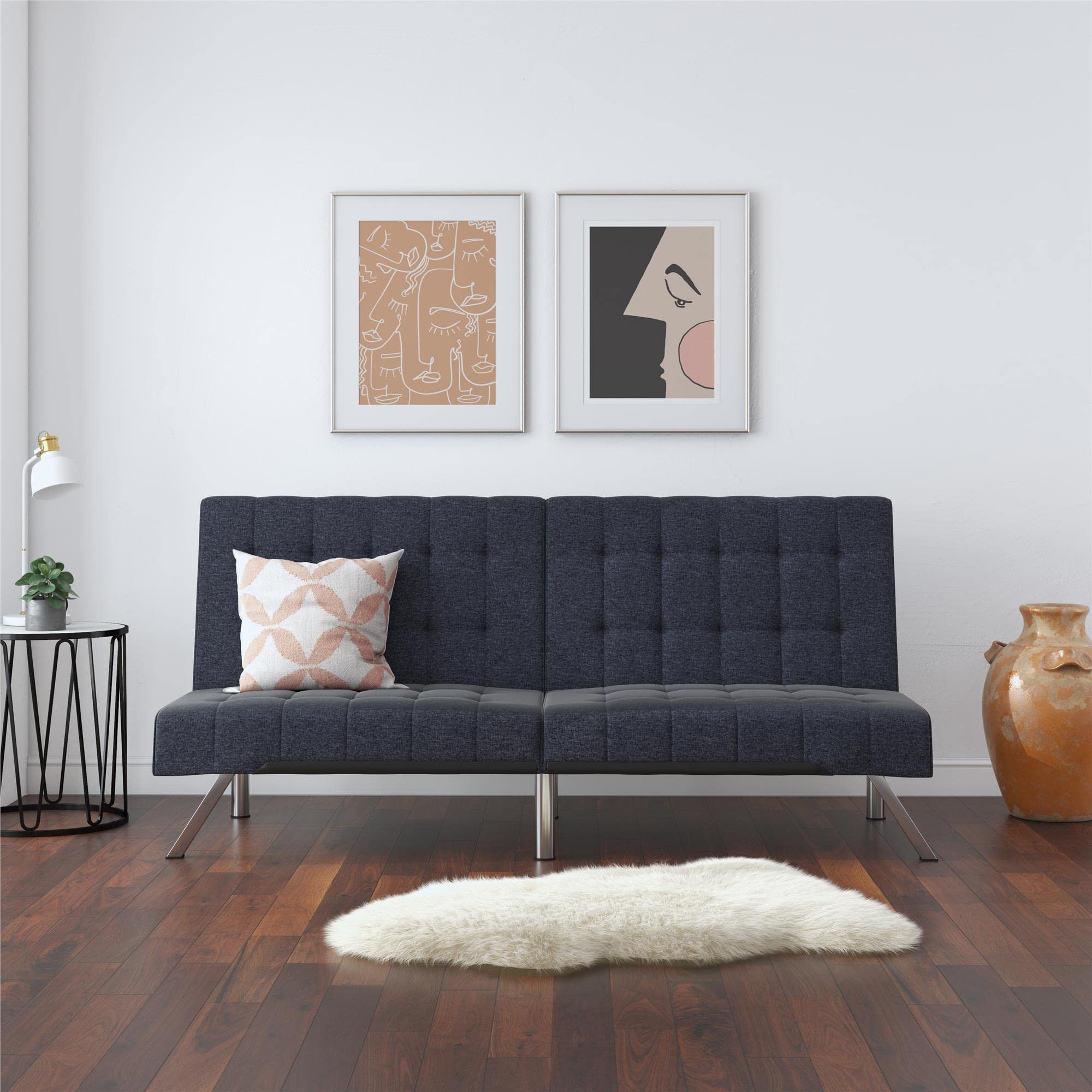Emily Futon With Chrome Legs, Navy Linen