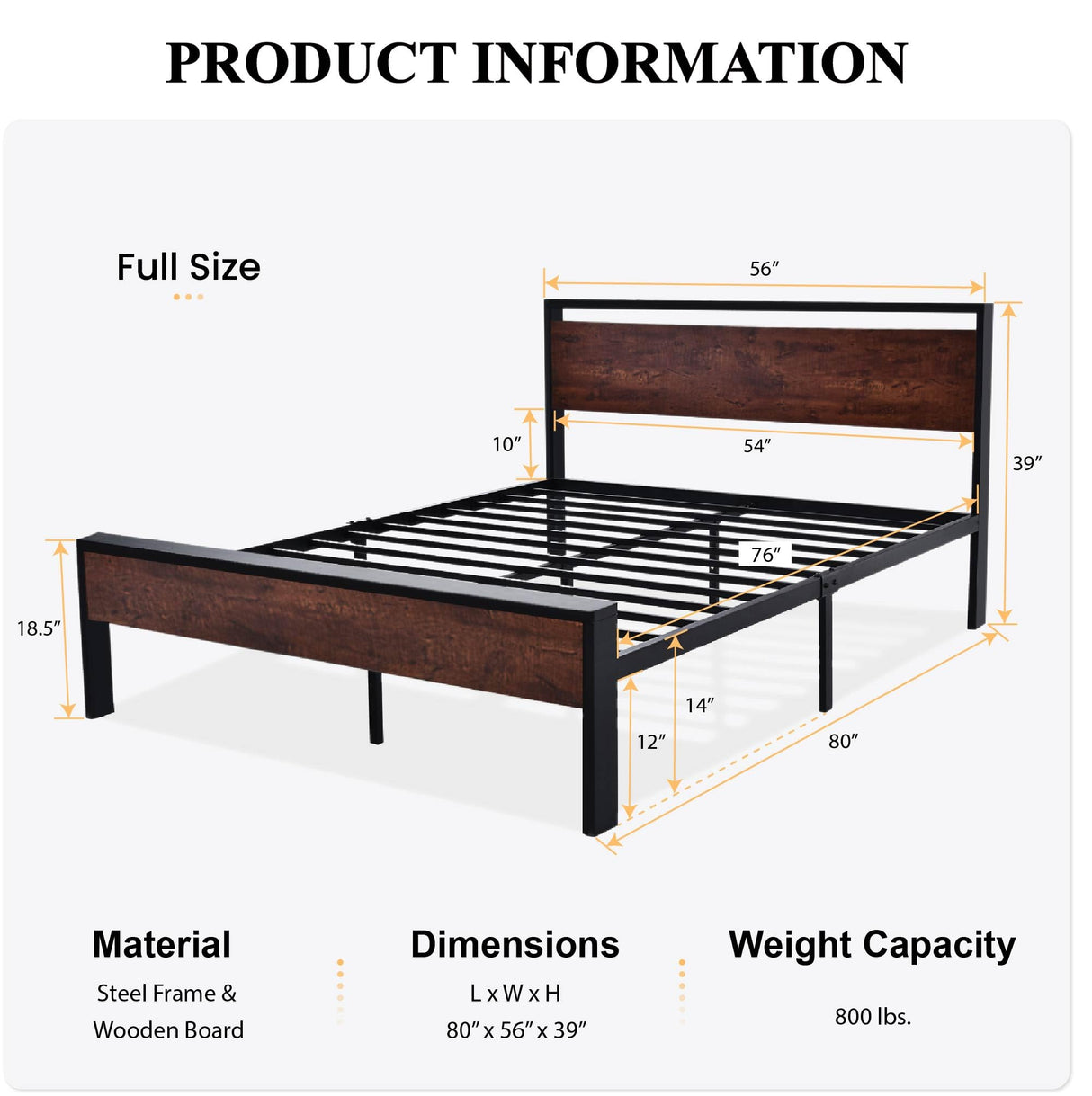 14 Inch Full Size Metal Platform Bed Frame with Wooden Headboard and Footboard