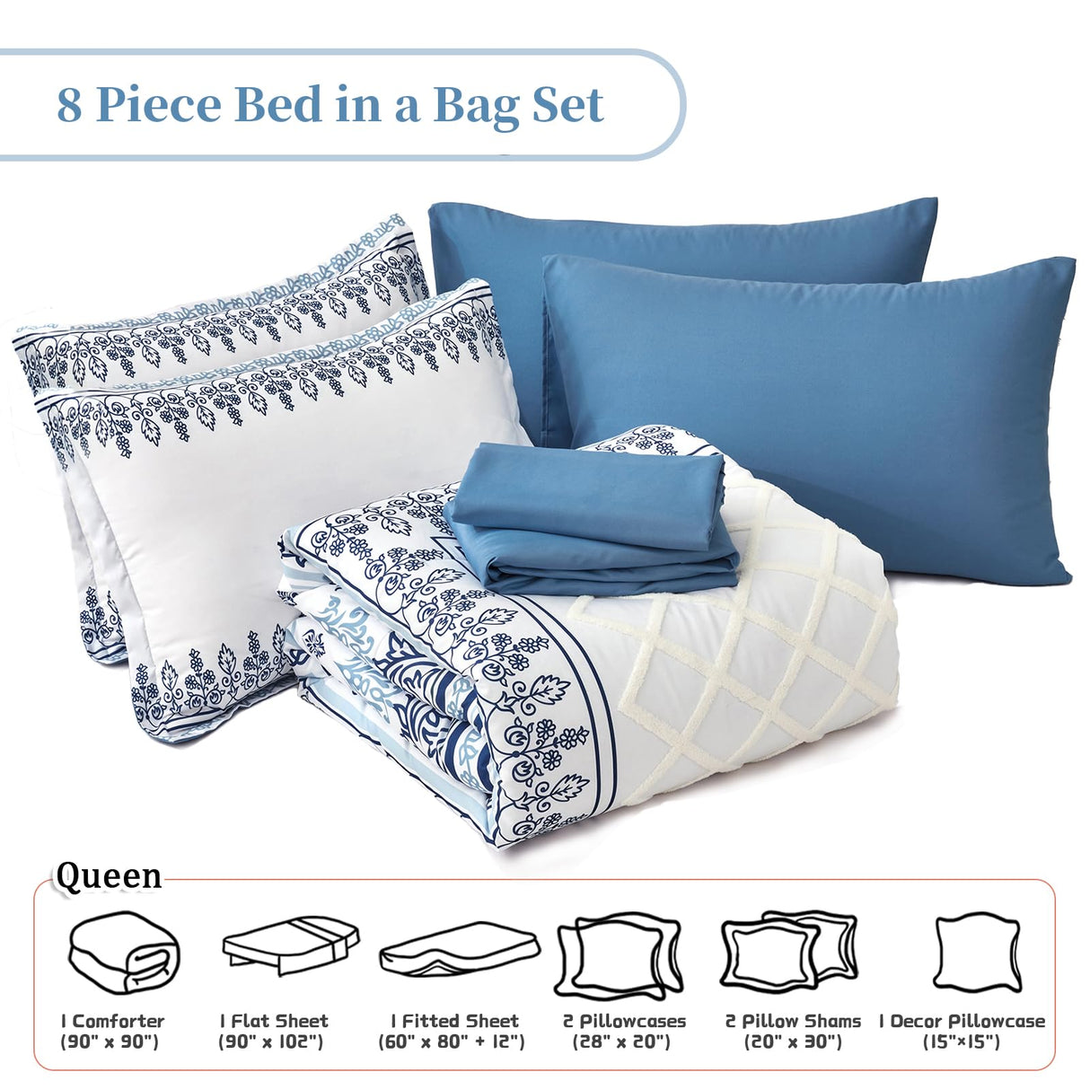 8 Pieces Blue Floral White Tufted Bedding Bed in a Bag Sets