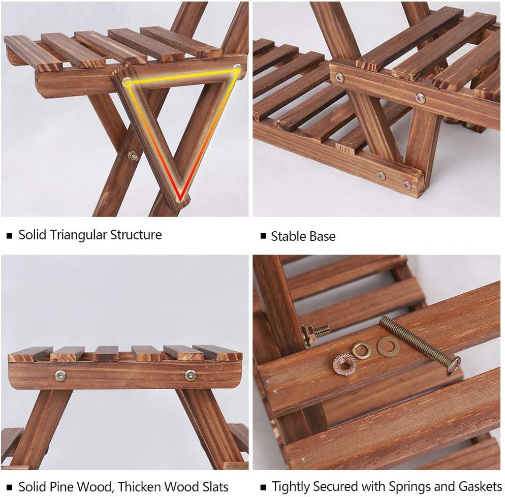 TriStand 3-Tier Wooden Plant Stand – Carbonized Pine Wood Display Shelf