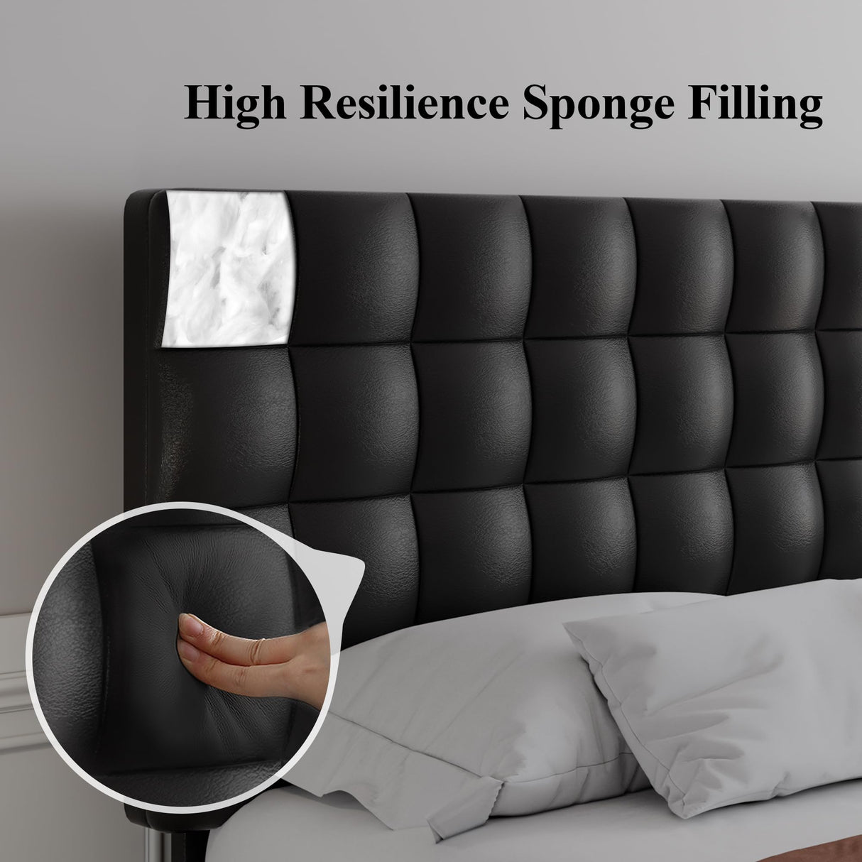 King Size Platform Bed Frame, Faux Leather Upholstered Bed Frame with Square Tufted