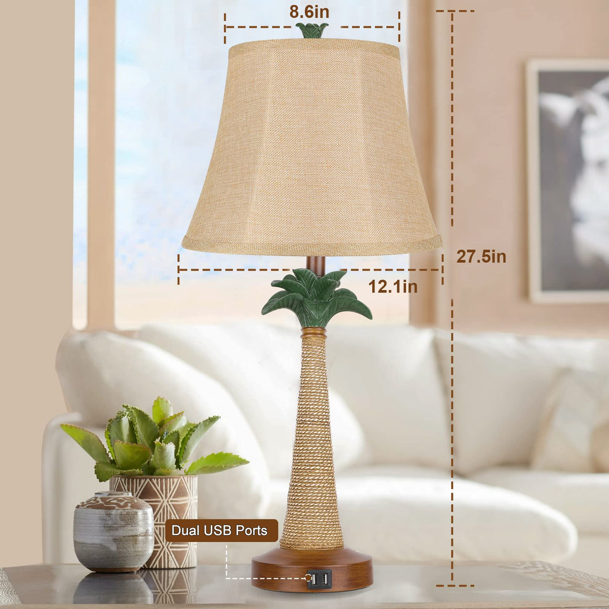Set of 2 Coastal Palm Tree Table Lamps with 2 USB Ports