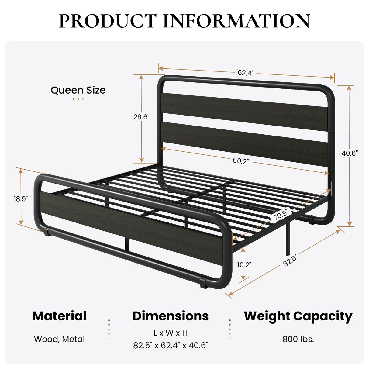 Queen Size Metal Bed Frame with Wooden Headboard and Footboard, Heavy Duty